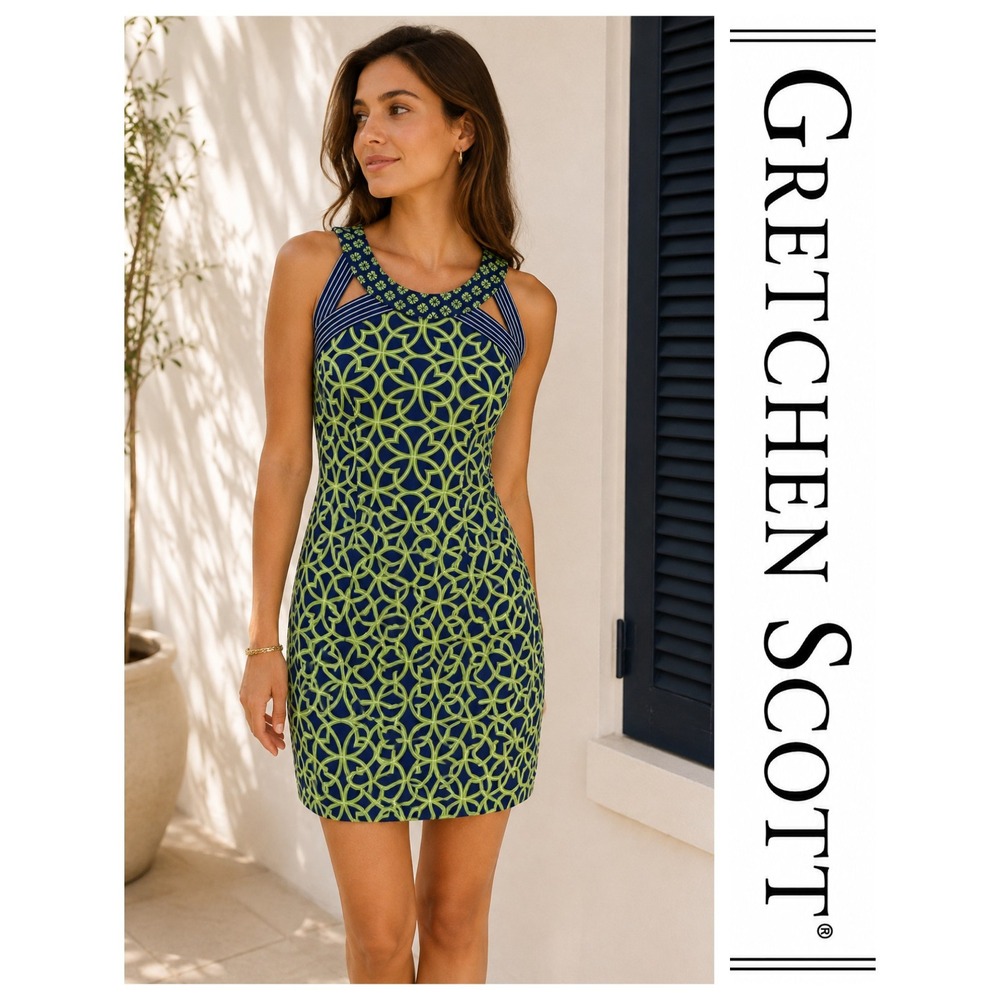 Gretchen Scott Isosceles Biltmore Blue Green Geometrical Sheath Dress XS